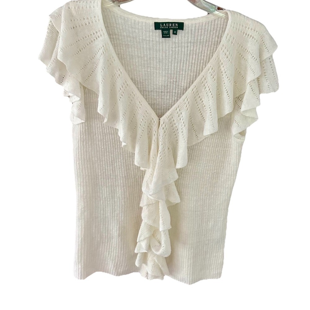 Lauren Ralph Lauren White Linen Blend Ruffle Sweater Top Medium Flutter Sleeve